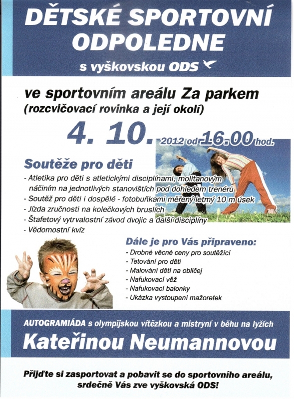 Pozvánka na dětské sportovní odpoledne s vyškovskou ODS.