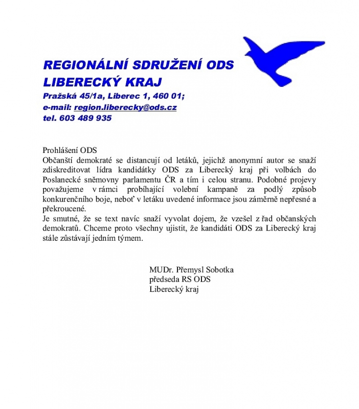 Prohlášení ODS Libereckého kraje