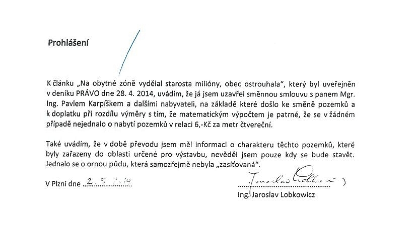 Prohlášení Ing.Pavla Karpíška, starosty obce Vejprnice