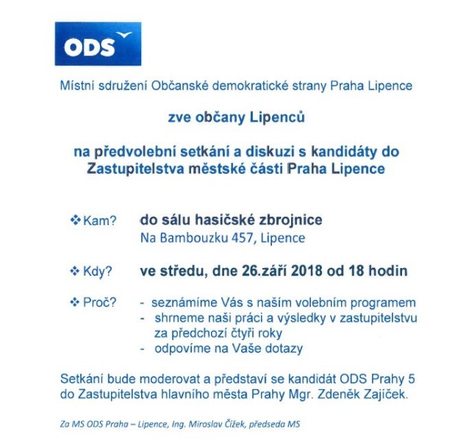 Pozvánka na předvolební setkání v Praze - Lipencích