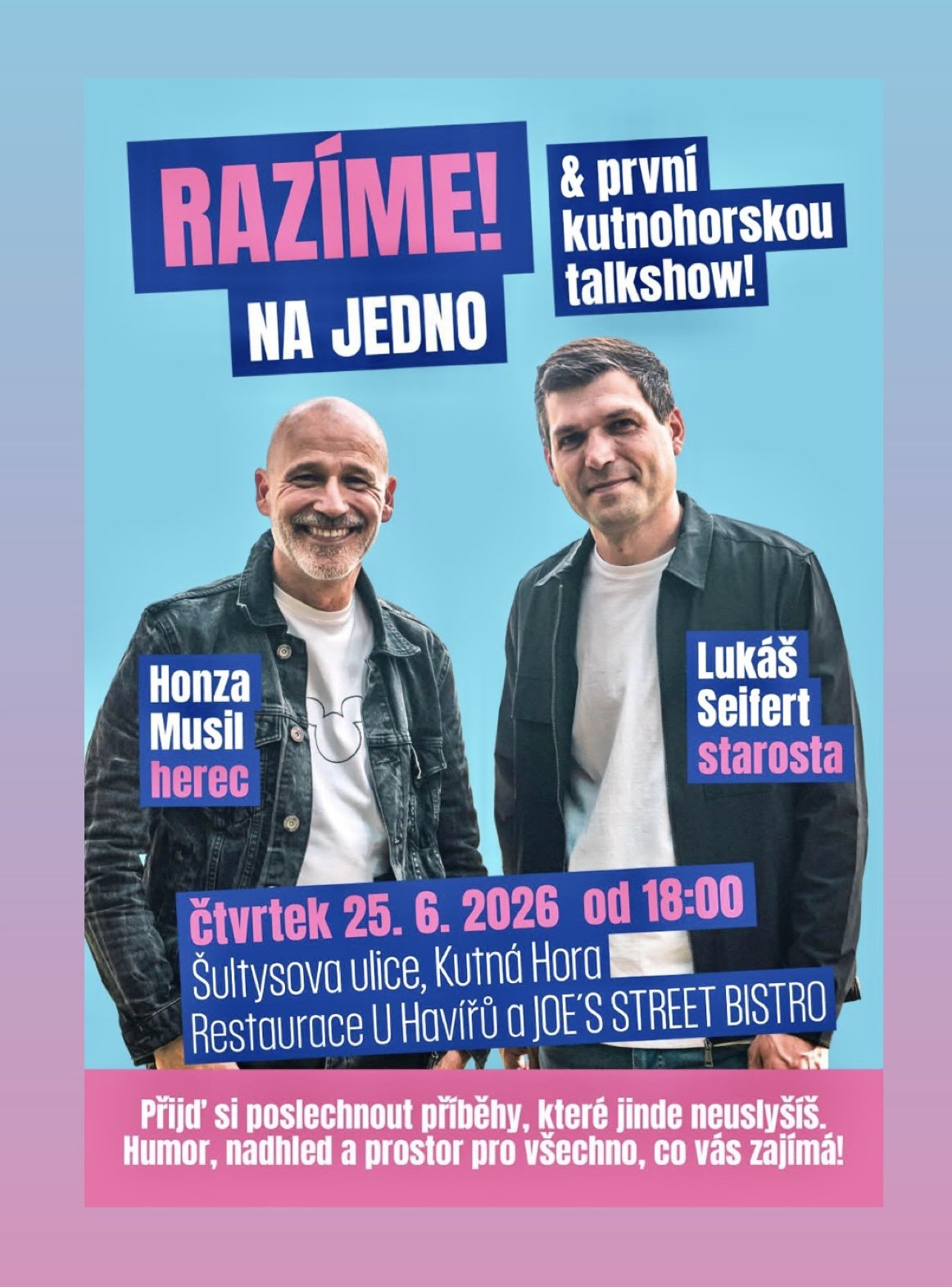 RAZÍME! NA JEDNO: Kutná Hora ožije první talkshow přímo mezi lidmi – hostem je herec Honza Musil a starosta Lukáš Seifert