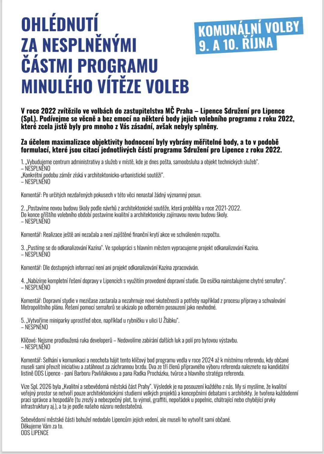 Proč máte Ohlédnutí za nesplněnými částmi programu minulého vítěze voleb v poštovních schránkách?