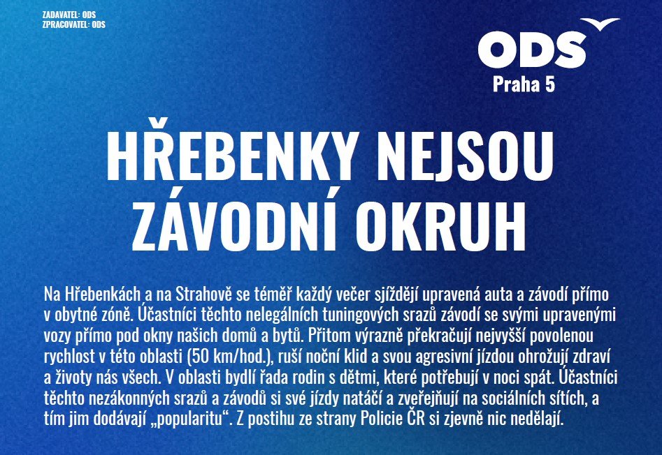 ODS Praha 5: Hřebenky nejsou závodní okruh